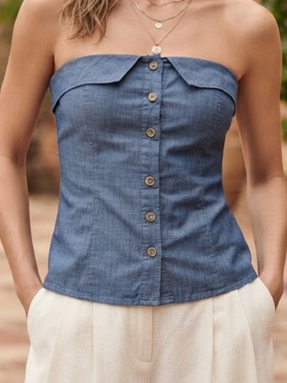 Strapless Denim-Style Blue Button-Front Crop Top